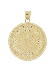 14k Yellow Gold, Aztec Calendar Medallion Pendant Charm Round with Sparkly Cuts