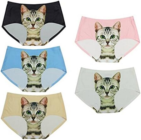 KIKIQIA Women's 3D Cat Printed Seamless Briefs Anti-exposure Panties (Pack of 5)
