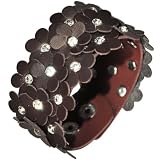 Triple Layers Flowers Brown PU Leather Cubic Zirconia Fashion Snap Cuff Bracelet 7