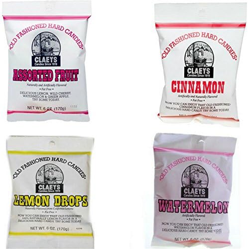 Claeys Old Fashioned Sugared Hard Candy Variety 4 Pack - Assorted Fruit, Cinnamon, Lemon, and Watermelon