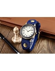 Youyoupifa Ladies Polka Dot Round Face Digital l Quartz Blue Leather Strap Wrist Watch