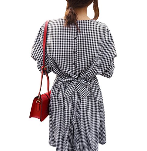 【 UN ANANAS 】 ギンガム チェック ワンピース ラブリー キュート バック リボン ボタン ロング丈 レディース 韓国 スタイル 春 フリーサイズ