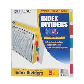 C-Line Colored Tab Paper Index Dividers, 5-Color, 5-Pack, Fits Standard 3-Ring Binder, 05350