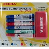 Zebra White Board Markers, Assorted Colours, Set of 12 Markers With Eraser