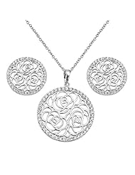 .925 Sterling Silver CZ Gallery Earrings and Matching Pendant-Neckalce Set with 1.2mm Cable Rolo Chain - 16"+1" Inches Extension