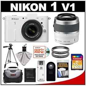 Nikon 1 V1 Digital Camera Body with 10-30mm VR Lens (White) with 30-110mm Zoom Lens + 32GB Card + Case + (2) Filters + Tripod + Remote + Accessory Kit