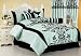 7 Pieces Aqua Blue with Black Floral Duvet Cover Set for Queen Size Bedding