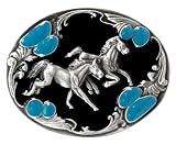 Pewter Belt Buckle - Galloping Horses with Turqouise Stones - Pewter Belt Buckle