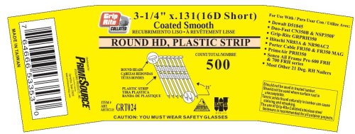 Tools: Grip Rite 16d Short   3 1/4 Inch x .131 Vinyl Coated, Smooth Shank, 21? Full Round Head, Plastic Collated, Stick Framing Nails   500 per tub