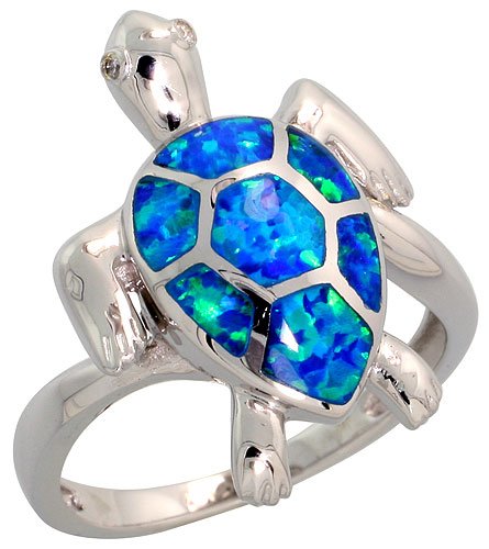 Sterling Silver, Synthetic Opal Inlay Sea Turtle Ring, 7/8