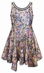 Girls Round Neck Cotton/Metallic/Polyester Floral Print Asymmetric Jeweled Sleeveless  Dress