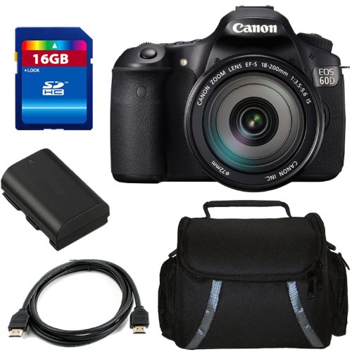Canon 60D Digital SLR Camera with 3.0-Inch LCD and EF-S 18-200mmf/3.5-5.6 IS Standard Zoom Lens + 16GB SDHC Memory + Canon LP-E6 Equivalent Replacement Battery (Generic) + Deluxe Case + HDMI Cable