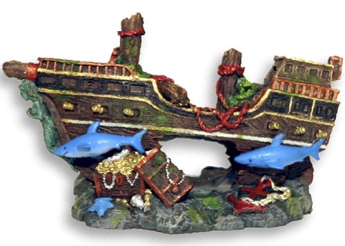 Exotic Environments Pirate Shipwreck with Sharks Bubbler Aquarium Ornament, 5-1/2-Inch by 2-3/4-Inch by 3-1/4-Inch