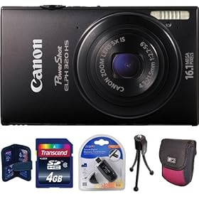 Canon PowerShot ELPH 320 HS Digital Camera (Black) + Transcend 4 GB SDHC Class 10 Card, + Card Reader, Memory Card Wallet, Nice Fitted Case, and Table Tripod.