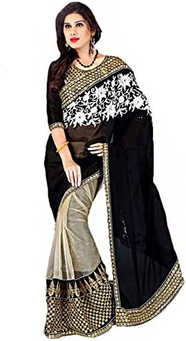 Fab Ikshvaku Women's Georgette Embroidery Designer Black Saree With Unstitched Blouse