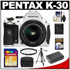 Pentax K-30 Weather Sealed Digital SLR Camera with DA L 18-55mm Lens (White) with 32GB Card + Case + Battery + Tripod + Filter + Accessory Kit