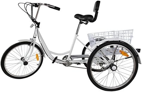 Kissmoji 6 Speed 24" 3 Wheel Adult Tricycle Bicycle Trike Bike Basket White/Black (White)