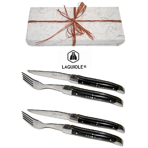 Authentic LAGUIOLE Real Black Wood Steak Flatware Set for 2 People