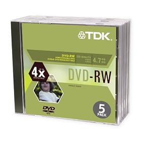 TDK 4X DVD-RW Single sided 5 pack in slim movie case