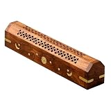 Wooden Coffin Incense Burner - Black Sun and Moon 12 - Brass Inlays - Storage Compartment