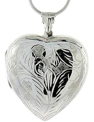 Sterling Silver Heart Locket Very Large Hand Engraved, 1 1/2 inch