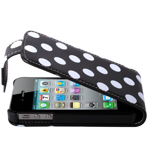 Shop4 Black & White Polka Dot Leather Flip Case for Apple iPhone 4 / 4S with Free Screen Protector