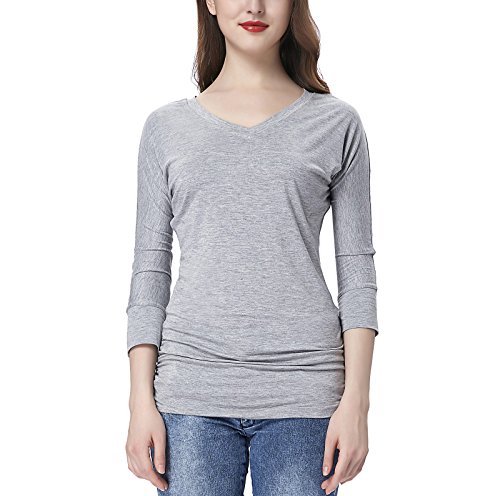 KATE KASIN® Women's Tees 3/4 Sleeve Solid Gray Shirring Drape Tops