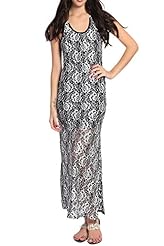 A-line Scoop Neck Polyester Sleeveless Lace Slit Applique Leopard Print Floral Print Maxi Dress 