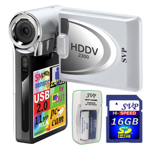 SVP HDDV-2300-Silver 11MP Max 2.4-inch LCD Digital Video Camcorder with Speaker + FREE SVP 16GB SDHC Memory Card  AA Rechargeable Battery Set