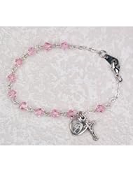 First Holy Communion Childrens Girls Rosary Bracelet 6 1/2" 5mm Bead Genuine Pink Tin Cut Crystal with Sterling Silver Cross & Miraculous Medals.
