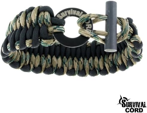 Fire Starter Paracord Survival Bracelet Extra Wide - Adjustable - Fits Wrist Sizes 7-9" - Camo/Black