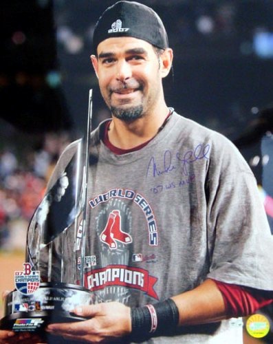 Mike Lowell Autographed/Hand Signed Boston Red Sox 16x20 Photo 07 WS MVP with Trophy MLB Holo