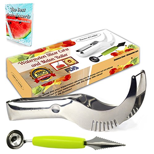 Watermelon Slicer and Server Tongs Cutter Corer Knife - Melon Baller Scoop - GIFT BOX By Maestro of Comfort - As Seen on TV STAINLESS STEEL GIFT - Vegetables Peeler + E-Book