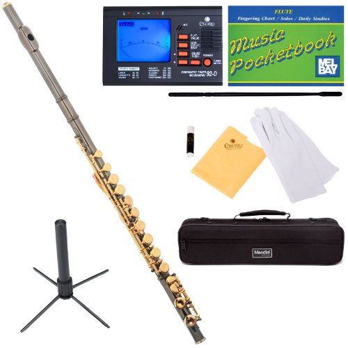 Mendini MFE-BNG+SD+PB+92D Black Nickel Plated with Gold Keys Closed Hole C Flute with 1 Year Warranty, Case, Tuner, Stand, and More On Sale