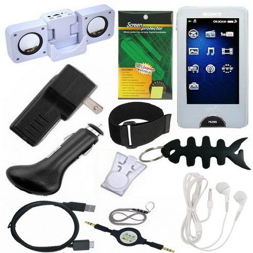 Premium Sony Walkman Accessories Combo Bundle Pack: Clear Silicone Skin Case , USB 2in1 Data Sync Cable, USB Car Charger, USB Wall / Travel / AC Adapter Charger, Portable Foldable Speaker Dock, Adjustable Armband, Belt Clip, Lanyard, Screen Protector, 3.5mm~3.5mm Retractable Audio cable, 3.5mm White In-Ear Stereo Headset, Fishbone style Keychain for the Sony Walkman X Series (NWZ-X1050 / NWZ-X1051 / NWZ-X1060 / NWZ-X1061) Series MP3 Players