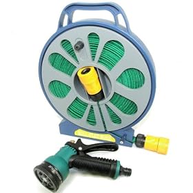 50 ft Flat Hose and Spray Nozzle with Reel esay wind reel 7 settings