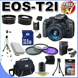 Canon EOS Rebel T2i 18 MP CMOS APS-C Digital SLR Camera with 3.0-Inch LCD and EF-S 18-55mm f/3.5-5.6 IS Lens +58mm 2x Telephoto lens + 58mm Wide Angle Lens (3 Lens Kit) W/32GB SDHC Memory+ Extra Battery/Charger + 3 Piece Filter Kit + Full Size Tripod + Case +Accessory Kit Canon EOS Rebel T2i 18 MP CMOS APS-C Digital SLR Camera with 3.0-Inch LCD and EF-S 18-55mm f/3.5-5.6 IS Lens +58mm 2x Telephoto lens + 58mm Wide Angle Lens (3 Lens Kit) W/32GB SDHC Memory+ Extra Battery/Charger + 3 Piece Filter Kit + Full Size Tripod + Case +Accessory Kit