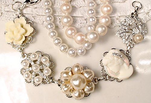 Cream Ivory Pearl Bridal Bracelet, Handmade Vintage Earring Bracelet; Rhinestone, Pearl, Cameo Bridesmaid Jewelry Vintage Wedding Gift