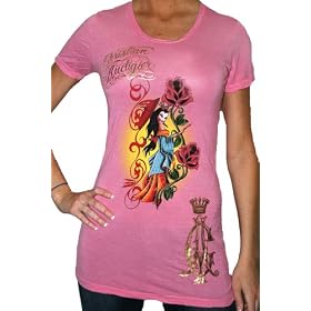 CHRISTIAN AUDIGIER Ed Hardy Womens Bamboo Tattoo Geisha Roses Logo T-Shirt Tee Top Pink