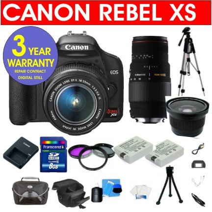 Canon EOS Rebel XS Black SLR 10.1 MP Digital Camera with EF-S 18-55mm IS Lens + Sigma 70-300MM Macro Zoom Lens + High Definition .42x Super Wide Fisheye Lens + High Capacity Li-Ion Battery + 8 GB Memory Card + 50