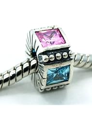 .925 Sterling Silver " 4 Sided Aquamarine & Light Pink Cubic Zirconia " Bead Compatible with Pandora Chamilia Kay Troll Bracelet