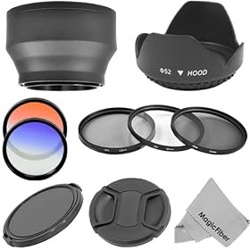Essential Accessory Kit for 52MM NIKON DSLR Cameras including D7000 D5100 D5000 D3200 D3100 D3000 D90 D80 - Includes: Filter Kit (UV, CPL, ND8) + Soft Rubber Lens Hood + Hard Tulip Lens Hood + Graduated Blue and Orange Color Filters + Center-Pinch Lens Cap + Snap-On Lens Cap + Premium MagicFiber Mic