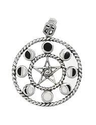 Sterling Silver Moon Phase Pentacle Pentagram Pendant - Wiccan Pagan Jewelry