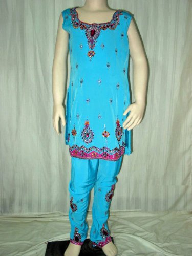 Girls Bollywood Party Wear Churidar Dodger Blue Embroidered with Dupatta