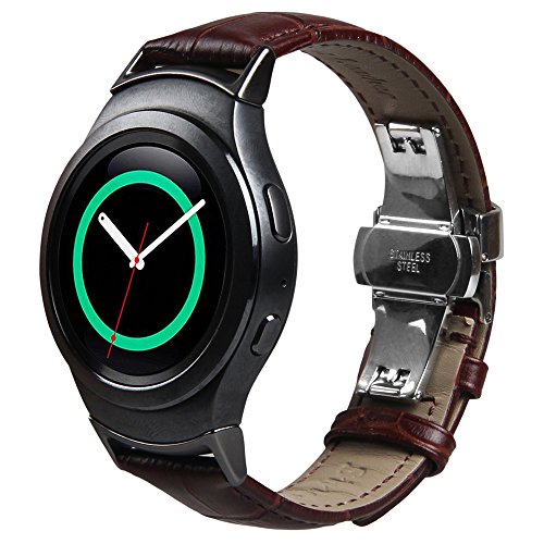 Gear S2 Bands V-Moro Genuine Leather Crocodile Pattern Replacement band with Metal Adapters Clasp Butterfly Buckle For Samsung Gear S2 Smart Watch (Leather Brown)
