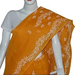 Beautiful Sari White Embroidery Cotton from India Orange (chsari116)