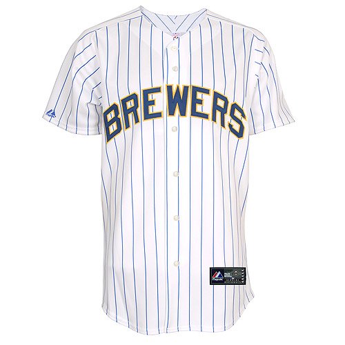 MLB Milwaukee Brewers Adult Short Sleeve 6 Button Synthetic Replica Jersey (Wht/Ryl Pinstrp, Large)