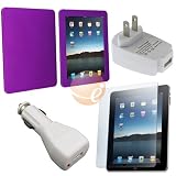 Purple Silicone Skin Case + White USB Car Charger Adapter + White USB Travel Charger Adapter + Anti-Glare Screen Protector for Apple iPad