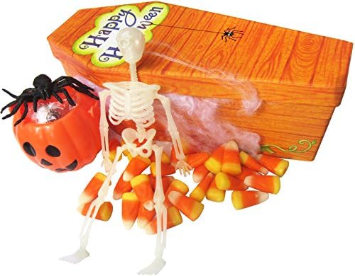Candy Casket of Grave Goodies 8.5"x4" (6 Packets of Candy Corn, 2 Gummy Spiders, 1 Zombie Gummy) With Mini Pumpkin Filled with 4 Gumball Eyeballs and a Rubber Spider.