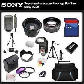 Supreme Accessory Package For Sony Alpha A390 includes: 16GB SD Card, SD Card Reader, Battery & Charger, Lens Hood, 0.5x Wide Angle Lens , 2X Telephoto Lens, 57 Inch tripod, Swivel TTL Flash, Flash Diffuser and More...THIS LENS WILL ATTACH TO ANY OF THE FOLLOWING SONY LENSES 18-55mm, 55-200mm